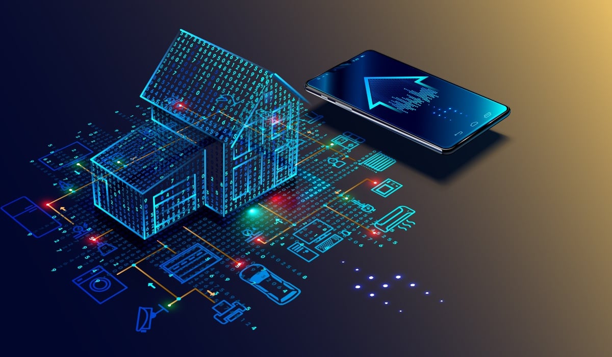 Tech style smart home next to tech style cell phone